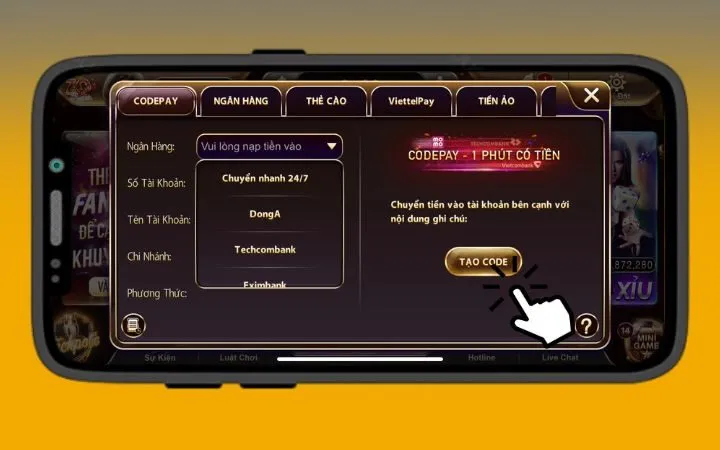 Bước 2: Chọn hình thức giao dịch CodePay và bấm ngân hàng DongA