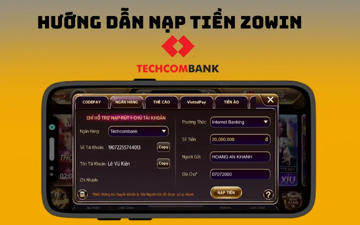 Hướng dẫn tân binh thực hiện nạp tiền qua techcombank tại nạp tiền Zowin nhanh gọn